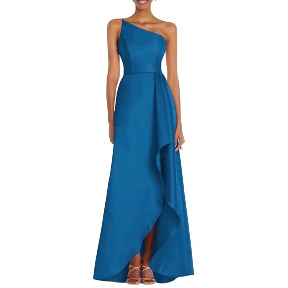 Alfred Sung Classic Blue 4R One-Shoulder Asymmetrical Gown Polyester Formal - Picture 2 of 16